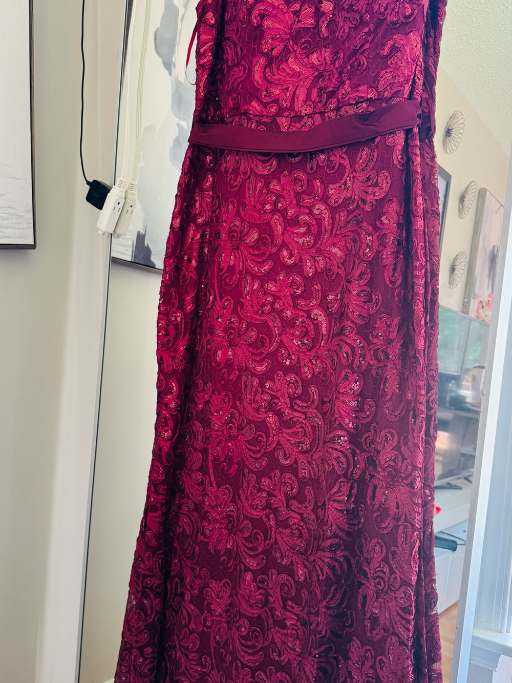 Women's Burgundy Lace Maxi Dress with Scalloped Waistband